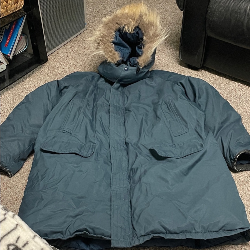 Men's down filled Blue Winter Parka with real Fur trimmed removable Hood